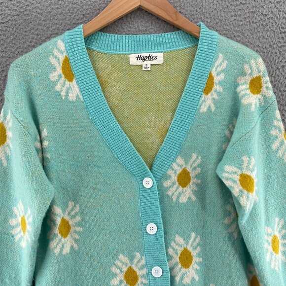 Haptics Sweater Womens Small Blue Daisy Button Up Cardigan Stretch Knit Happy - Picture 2 of 11